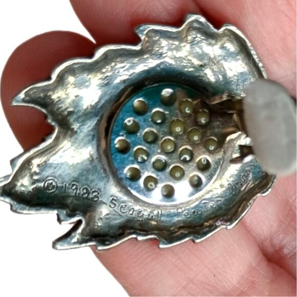 Vintage Seagull Pewter Leaf Earrings 1988 Signed Pearl Drop Dangle - Picture 5 of 7